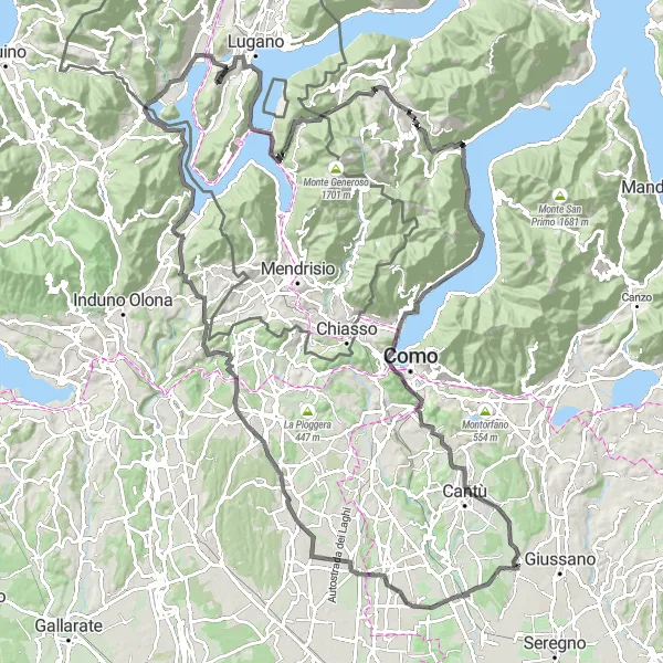 Miniatura della mappa di ispirazione al ciclismo "Giro panoramico da Montagnola a Como" nella regione di Ticino, Switzerland. Generata da Tarmacs.app, pianificatore di rotte ciclistiche