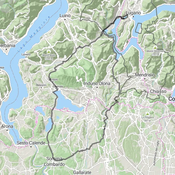 Miniatura della mappa di ispirazione al ciclismo "Giro dei Laghi Varesini" nella regione di Ticino, Switzerland. Generata da Tarmacs.app, pianificatore di rotte ciclistiche