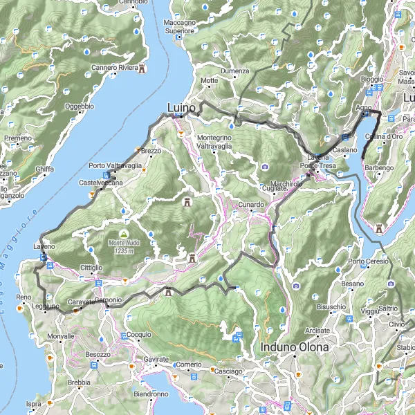 Miniature de la carte de l'inspiration cycliste "Tour de la Rive Est du Lac Majeur" dans la Ticino, Switzerland. Générée par le planificateur d'itinéraire cycliste Tarmacs.app