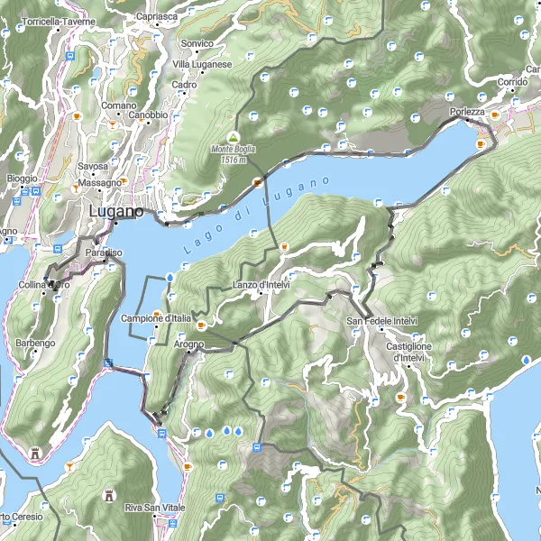 Miniaturekort af cykelinspirationen "Cycling the Hills of Monte San Salvatore" i Ticino, Switzerland. Genereret af Tarmacs.app cykelruteplanlægger