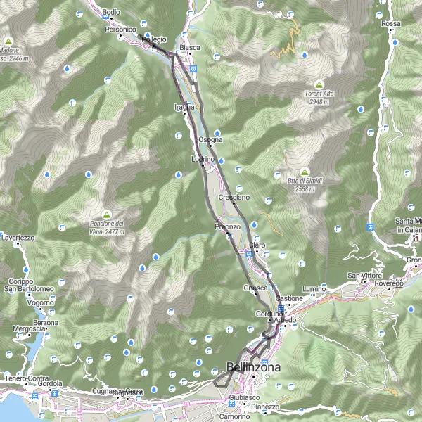 Miniature de la carte de l'inspiration cycliste "Balade autour de Cresciano" dans la Ticino, Switzerland. Générée par le planificateur d'itinéraire cycliste Tarmacs.app