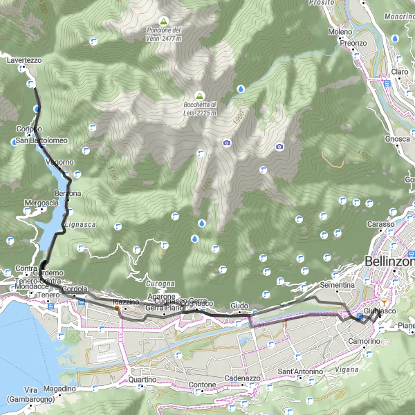 Miniatura della mappa di ispirazione al ciclismo "Itinerario pittoresco Monte Carasso - Sementina" nella regione di Ticino, Switzerland. Generata da Tarmacs.app, pianificatore di rotte ciclistiche