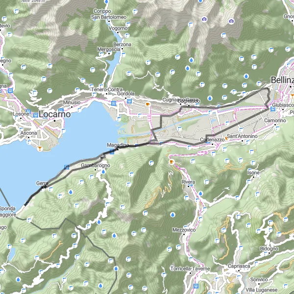 Miniatua del mapa de inspiración ciclista "Recorrido escénico de Monte Carasso a Gerra" en Ticino, Switzerland. Generado por Tarmacs.app planificador de rutas ciclistas