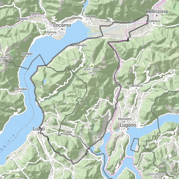 Karttaminiaatyyri "Monte Carasso - Monte San Giorgio Loop" pyöräilyinspiraatiosta alueella Ticino, Switzerland. Luotu Tarmacs.app pyöräilyreittisuunnittelijalla