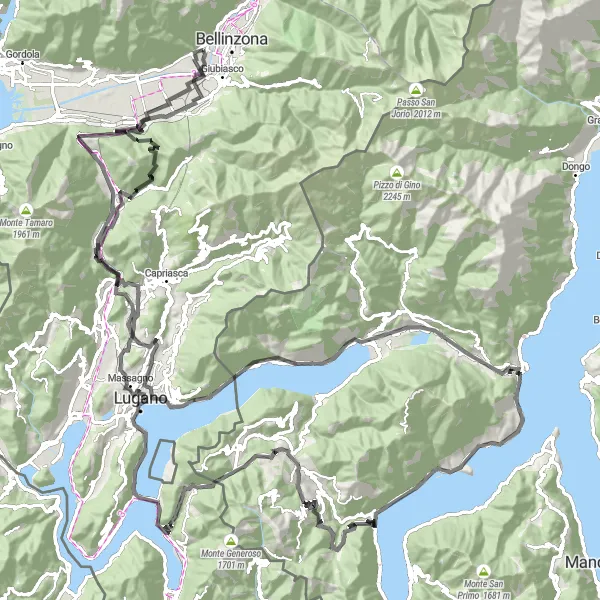 Miniatura della mappa di ispirazione al ciclismo "Giro panoramico Monte Carasso - Lago di Lugano" nella regione di Ticino, Switzerland. Generata da Tarmacs.app, pianificatore di rotte ciclistiche