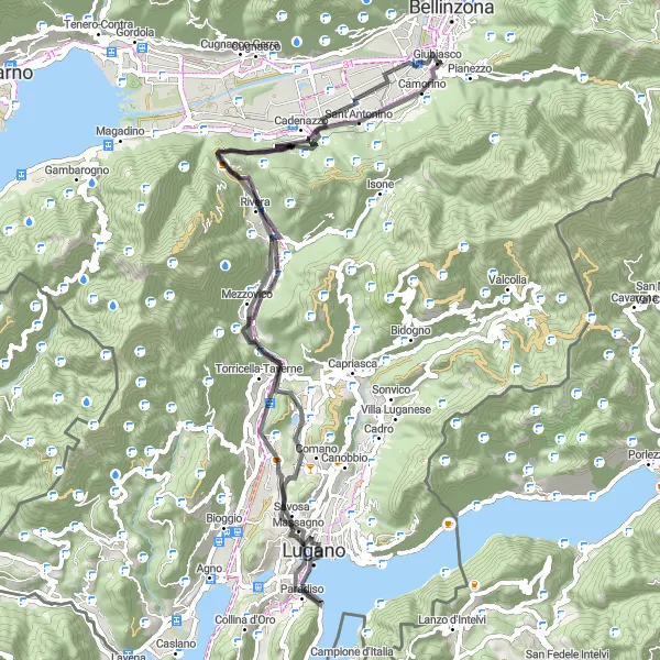 Miniaturekort af cykelinspirationen "Challenging Road Cycling Route near Monte Carasso" i Ticino, Switzerland. Genereret af Tarmacs.app cykelruteplanlægger