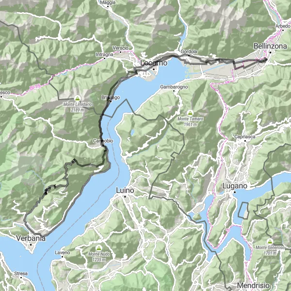 Kartminiatyr av "Minusio til Camorino Road Cycling" sykkelinspirasjon i Ticino, Switzerland. Generert av Tarmacs.app sykkelrutoplanlegger