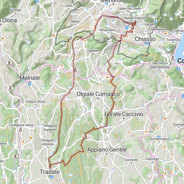 Zemljevid v pomanjšavi "Gravel Adventure near Morbio Inferiore" kolesarske inspiracije v Ticino, Switzerland. Generirano z načrtovalcem kolesarskih poti Tarmacs.app