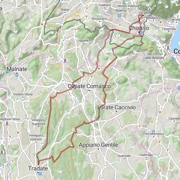 Karten-Miniaturansicht der Radinspiration "Gravel-Tour um Morbio Inferiore" in Ticino, Switzerland. Erstellt vom Tarmacs.app-Routenplaner für Radtouren
