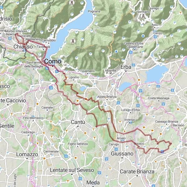 Kartminiatyr av "Naturskjønn Grus Sykkeltur rundt Morbio Inferiore" sykkelinspirasjon i Ticino, Switzerland. Generert av Tarmacs.app sykkelrutoplanlegger