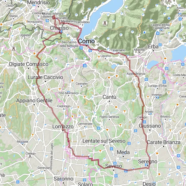Miniaturní mapa "Gravelový okruh k Alzate Brianza" inspirace pro cyklisty v oblasti Ticino, Switzerland. Vytvořeno pomocí plánovače tras Tarmacs.app