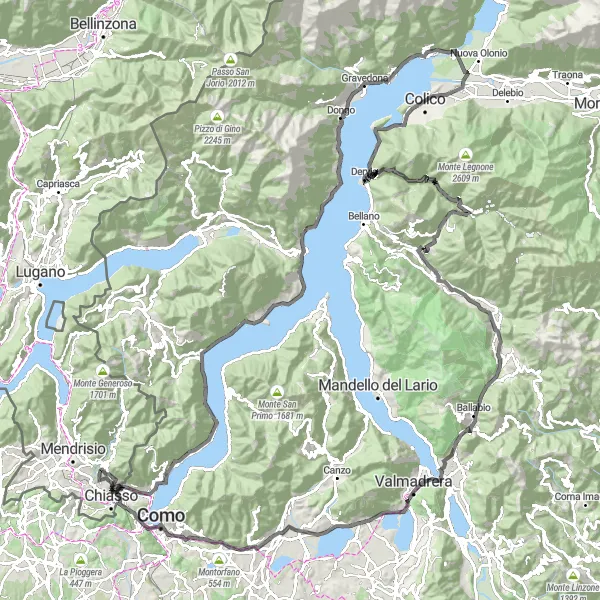 Miniaturekort af cykelinspirationen "Grand Tour of Lake Como" i Ticino, Switzerland. Genereret af Tarmacs.app cykelruteplanlægger