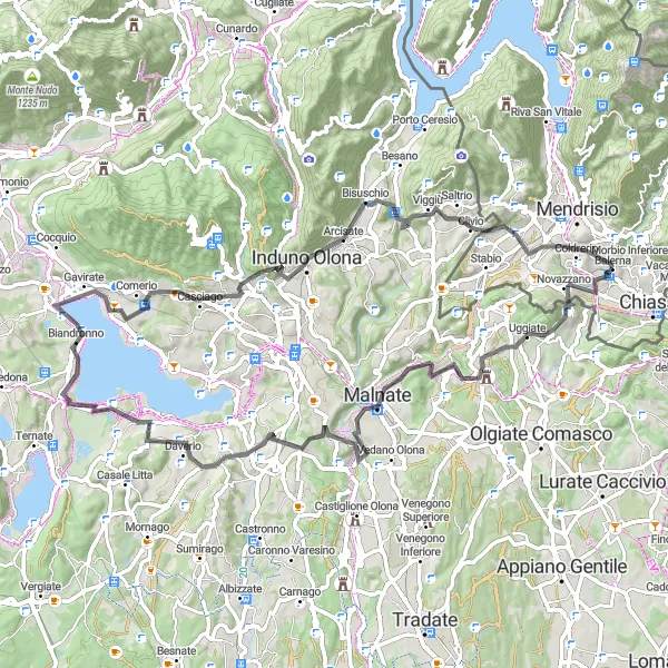 Miniatua del mapa de inspiración ciclista "Ruta Escénica a través de Lake Varese y Monte Crocino" en Ticino, Switzerland. Generado por Tarmacs.app planificador de rutas ciclistas