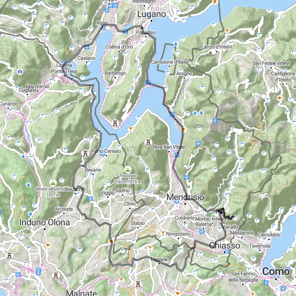 Miniatua del mapa de inspiración ciclista "Ruta en Carretera a través de Monte Castelletto y Monte San Salvatore" en Ticino, Switzerland. Generado por Tarmacs.app planificador de rutas ciclistas