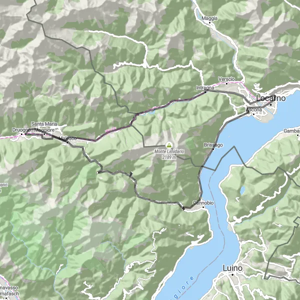Miniatua del mapa de inspiración ciclista "Ruta de ciclismo de carretera alrededor de Muralto" en Ticino, Switzerland. Generado por Tarmacs.app planificador de rutas ciclistas