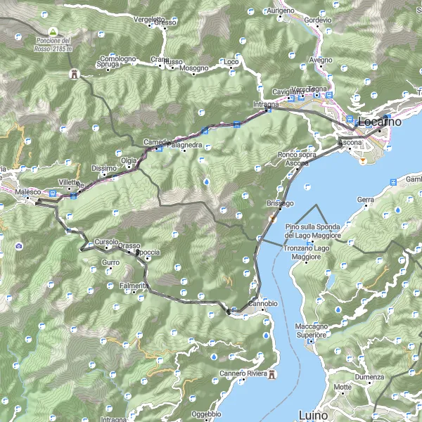 Map miniature of "Vallemaggia-Sporgera Loop" cycling inspiration in Ticino, Switzerland. Generated by Tarmacs.app cycling route planner