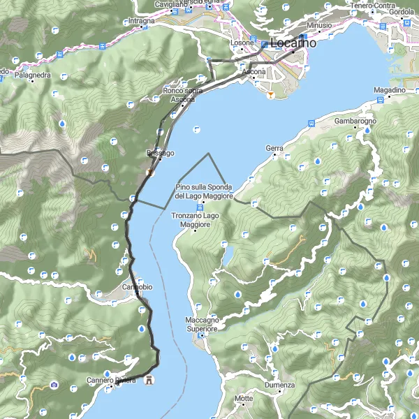 Miniature de la carte de l'inspiration cycliste "Parcours des Merveilles du Lac Majeur" dans la Ticino, Switzerland. Générée par le planificateur d'itinéraire cycliste Tarmacs.app