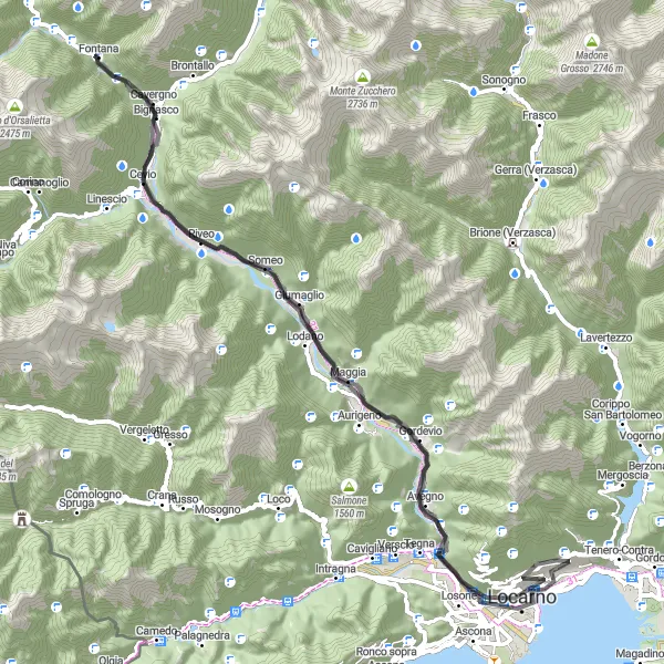 Miniatura della mappa di ispirazione al ciclismo "Esplorazione in bicicletta tra Muralto e Gordevio" nella regione di Ticino, Switzerland. Generata da Tarmacs.app, pianificatore di rotte ciclistiche