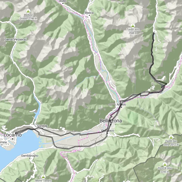 Miniatura della mappa di ispirazione al ciclismo "Giornata in bicicletta road alla scoperta di Bellinzona" nella regione di Ticino, Switzerland. Generata da Tarmacs.app, pianificatore di rotte ciclistiche