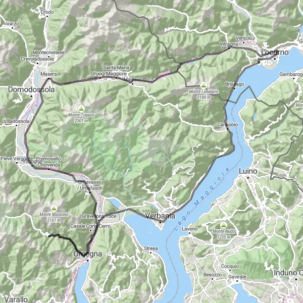 Miniaturní mapa "Dlouhá cyklotrasa kolem jezera Maggiore" inspirace pro cyklisty v oblasti Ticino, Switzerland. Vytvořeno pomocí plánovače tras Tarmacs.app