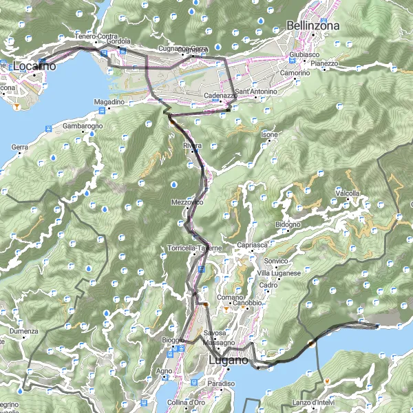 Miniatua del mapa de inspiración ciclista "Recorrido en bicicleta de carretera a través de la región de Ticino" en Ticino, Switzerland. Generado por Tarmacs.app planificador de rutas ciclistas
