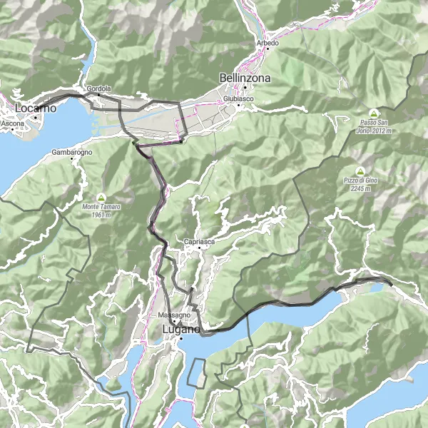 Miniatura della mappa di ispirazione al ciclismo "Tour in bicicletta road alla scoperta di Lugano" nella regione di Ticino, Switzerland. Generata da Tarmacs.app, pianificatore di rotte ciclistiche