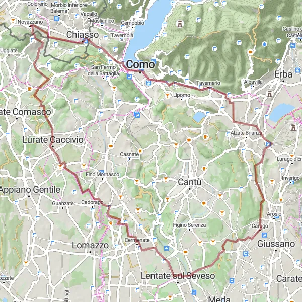 Miniatura della mappa di ispirazione al ciclismo "Giro in Gravel da Novazzano" nella regione di Ticino, Switzerland. Generata da Tarmacs.app, pianificatore di rotte ciclistiche