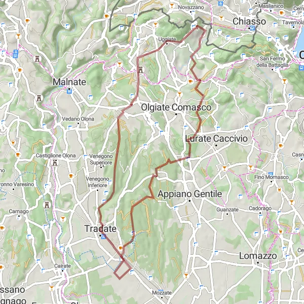 Miniatura della mappa di ispirazione al ciclismo "Percorso in bicicletta gravel da Novazzano a Monte Prato" nella regione di Ticino, Switzerland. Generata da Tarmacs.app, pianificatore di rotte ciclistiche