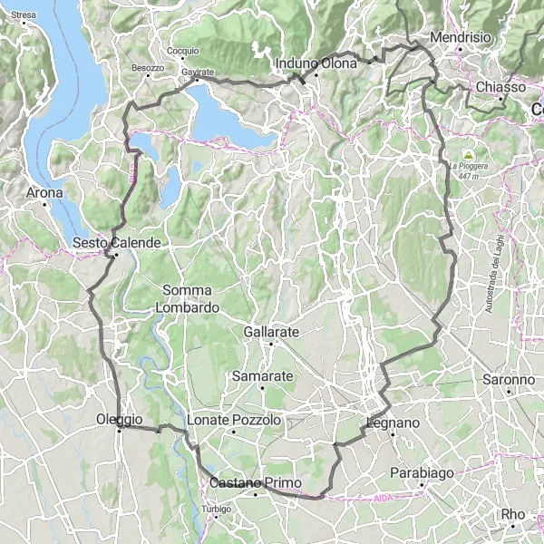 Miniature de la carte de l'inspiration cycliste "Le voyage des mille collines" dans la Ticino, Switzerland. Générée par le planificateur d'itinéraire cycliste Tarmacs.app