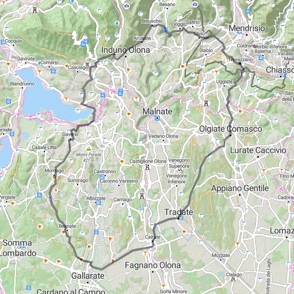 Map miniature of "Monte Prato - Castelnuovo Bozzente - Cairate - Monte Capro - Monte La Torre - Masnago - Arcisate - Monte Crocino - Montalbano - Novazzano" cycling inspiration in Ticino, Switzerland. Generated by Tarmacs.app cycling route planner