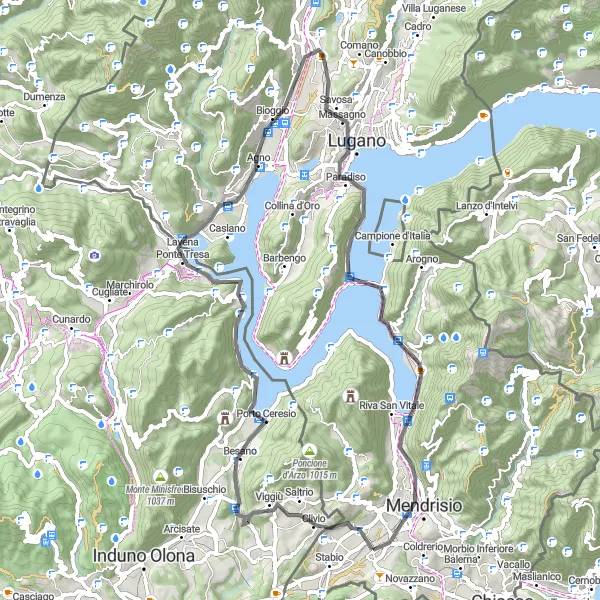 Map miniature of "Genestrerio - Crocetta - Monte Castelletto - Bioggio - Vezia - Monte San Salvatore - Melano - Foto-Spot Mendrisio" cycling inspiration in Ticino, Switzerland. Generated by Tarmacs.app cycling route planner