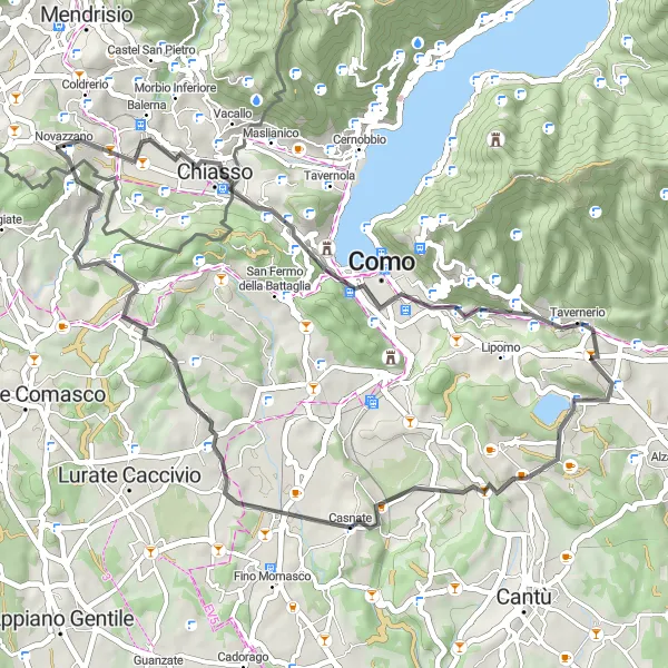 Map miniature of "Novazzano - Cardina - Solzago - Montorfano - Monte Cucco - Drezzo - Boscherina" cycling inspiration in Ticino, Switzerland. Generated by Tarmacs.app cycling route planner