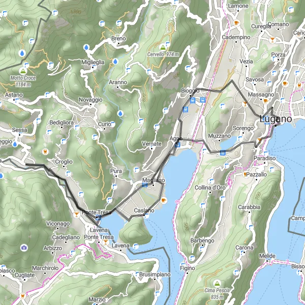Map miniature of "The Serenity of Lugano Lake" cycling inspiration in Ticino, Switzerland. Generated by Tarmacs.app cycling route planner