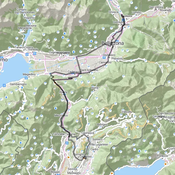 Miniatura della mappa di ispirazione al ciclismo "Sulle tracce del Lago di Lugano" nella regione di Ticino, Switzerland. Generata da Tarmacs.app, pianificatore di rotte ciclistiche