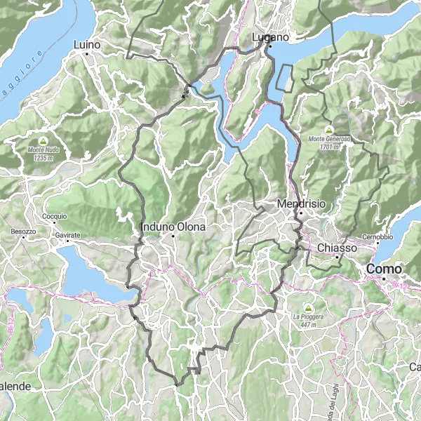 Map miniature of "Exploring Lake Lugano" cycling inspiration in Ticino, Switzerland. Generated by Tarmacs.app cycling route planner