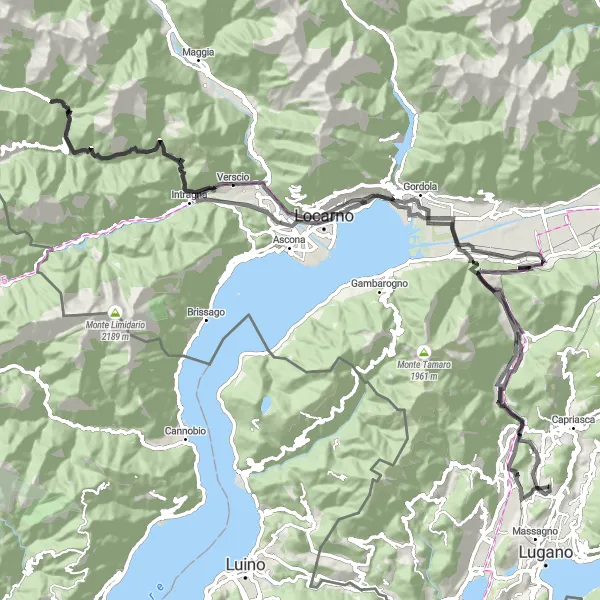 Map miniature of "Challenging Monte Ceneri Loop" cycling inspiration in Ticino, Switzerland. Generated by Tarmacs.app cycling route planner