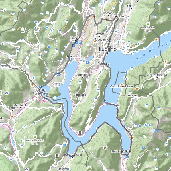 Zemljevid v pomanjšavi "Raziščite območje Monte San Salvatore" kolesarske inspiracije v Ticino, Switzerland. Generirano z načrtovalcem kolesarskih poti Tarmacs.app