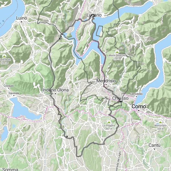 Miniatura della mappa di ispirazione al ciclismo "Le meraviglie del Lago di Lugano in bicicletta" nella regione di Ticino, Switzerland. Generata da Tarmacs.app, pianificatore di rotte ciclistiche