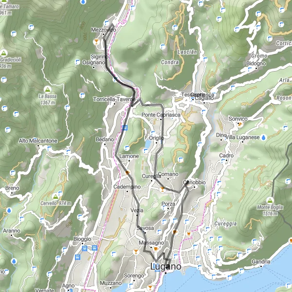 Kartminiatyr av "Vakker sykkeltur til Ponte Capriasca" sykkelinspirasjon i Ticino, Switzerland. Generert av Tarmacs.app sykkelrutoplanlegger