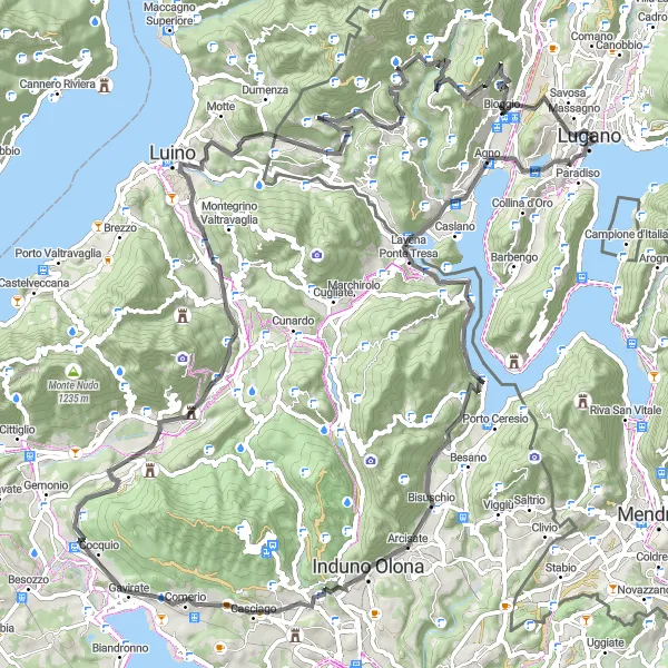 Map miniature of "Lugano Mountain Loop" cycling inspiration in Ticino, Switzerland. Generated by Tarmacs.app cycling route planner