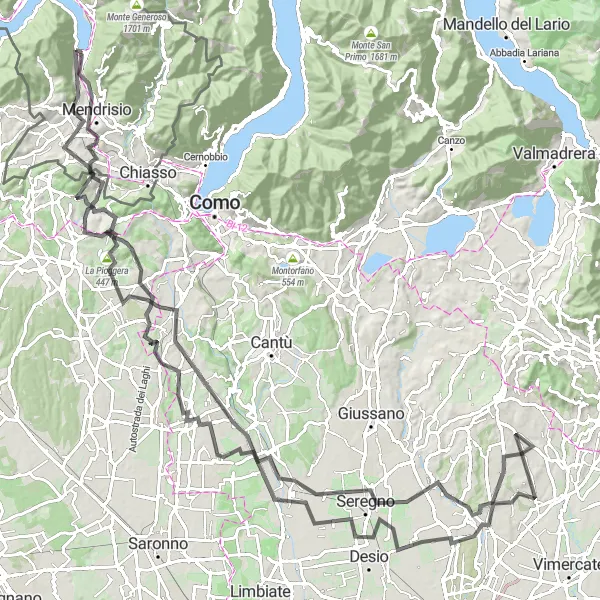Miniaturní mapa "Cyklistická trasa okolo Riva San Vitale - Mendrisio - Monte Cucco - Lazzate - Seregno - Fino Mornasco - La Pioggera - Gironico - Ronago" inspirace pro cyklisty v oblasti Ticino, Switzerland. Vytvořeno pomocí plánovače tras Tarmacs.app