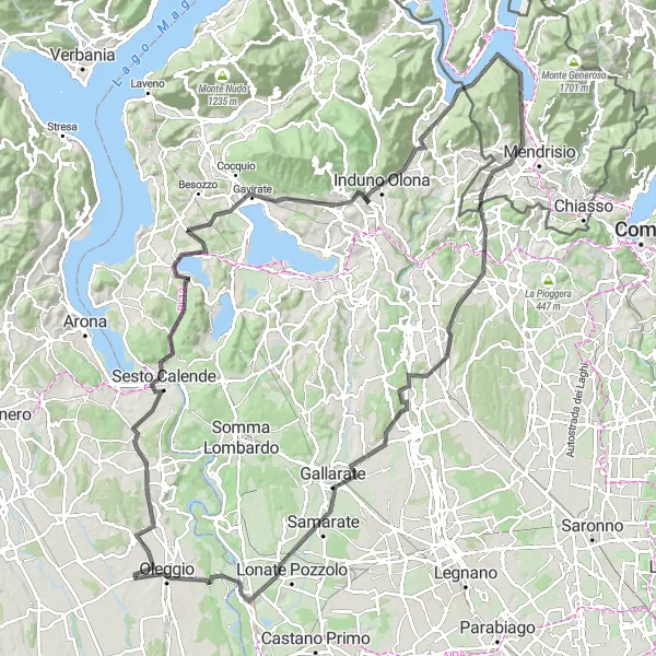Miniatura della mappa di ispirazione al ciclismo "Esplorazione tra Gallarate e Morcote" nella regione di Ticino, Switzerland. Generata da Tarmacs.app, pianificatore di rotte ciclistiche