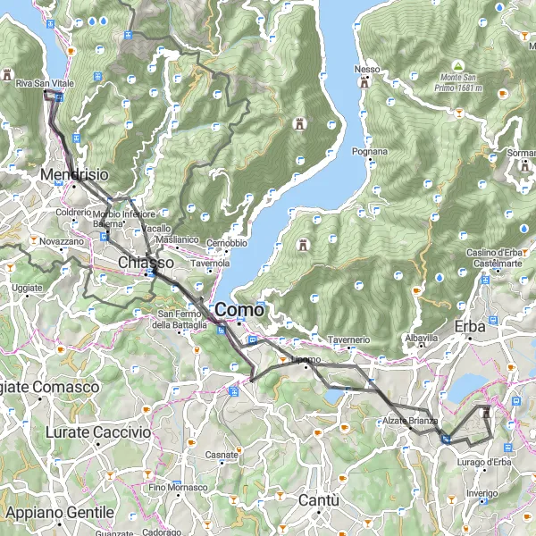 Mapa miniatúra "Jazda okolo Riva San Vitale a Como" cyklistická inšpirácia v Ticino, Switzerland. Vygenerované cyklistickým plánovačom trás Tarmacs.app