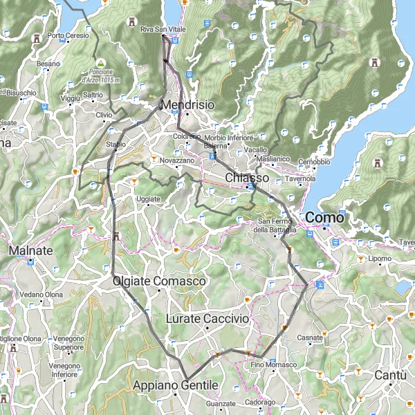 Map miniature of "Mendrisio and Capolago Loop" cycling inspiration in Ticino, Switzerland. Generated by Tarmacs.app cycling route planner