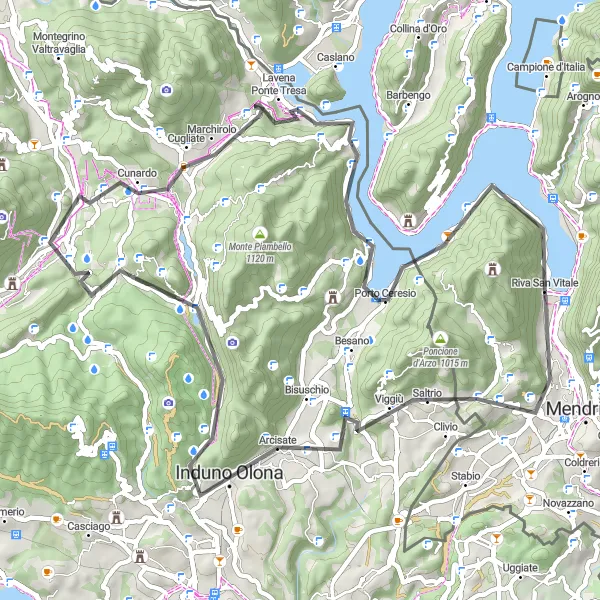 Karttaminiaatyyri "Kulttuurireitti Ticinon kyliin" pyöräilyinspiraatiosta alueella Ticino, Switzerland. Luotu Tarmacs.app pyöräilyreittisuunnittelijalla