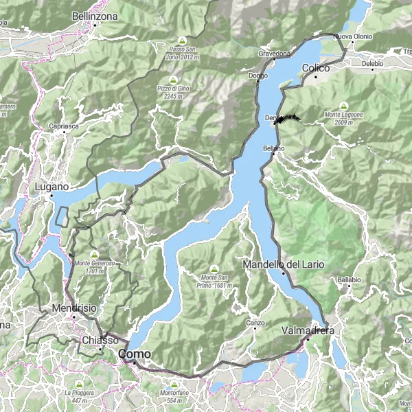 Miniatura della mappa di ispirazione al ciclismo "Sfide di Vento e Montagna" nella regione di Ticino, Switzerland. Generata da Tarmacs.app, pianificatore di rotte ciclistiche
