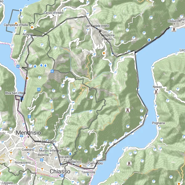 Map miniature of "Riva San Vitale to Mendrisio" cycling inspiration in Ticino, Switzerland. Generated by Tarmacs.app cycling route planner