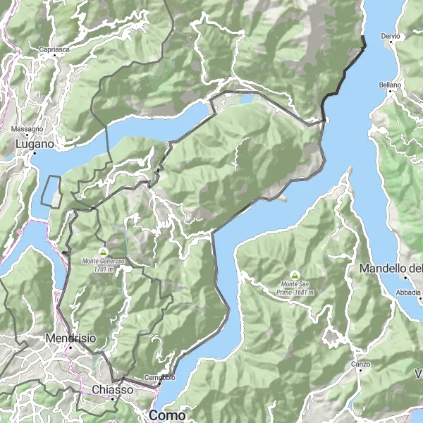 Miniatura della mappa di ispirazione al ciclismo "Giro delle Alpi del Lago di Como" nella regione di Ticino, Switzerland. Generata da Tarmacs.app, pianificatore di rotte ciclistiche