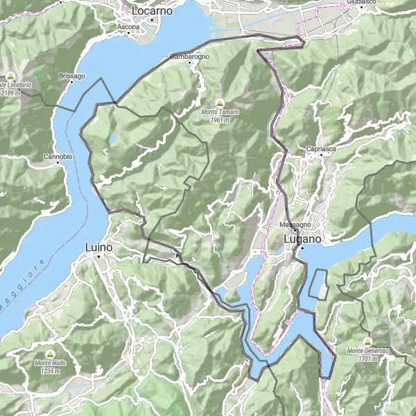 Map miniature of "Lugano and Lago di Lugano Adventure" cycling inspiration in Ticino, Switzerland. Generated by Tarmacs.app cycling route planner