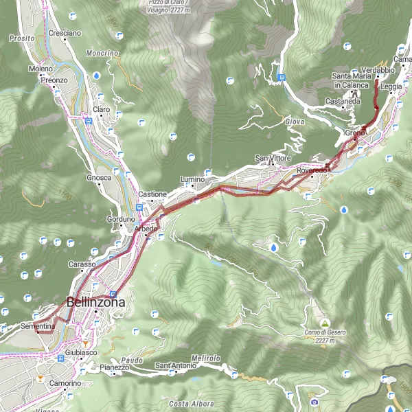 Kartminiatyr av "Grusvei eventyr til Monte Carasso" sykkelinspirasjon i Ticino, Switzerland. Generert av Tarmacs.app sykkelrutoplanlegger